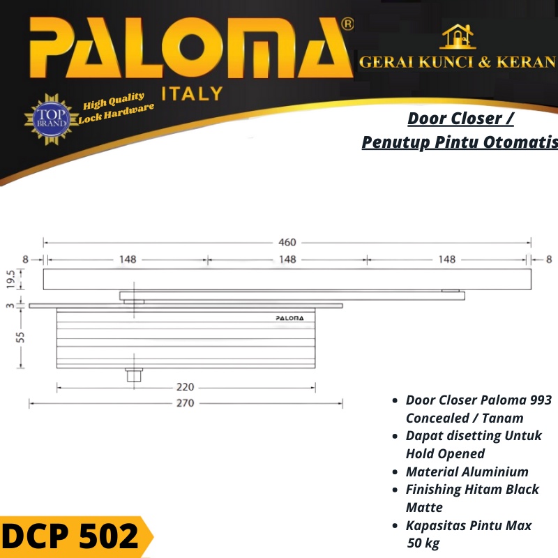 DOOR CLOSER PALOMA 993 CONCEALED HITAM DCP 502 PENUTUP PINTU OTOMATIS BLACK MATTE