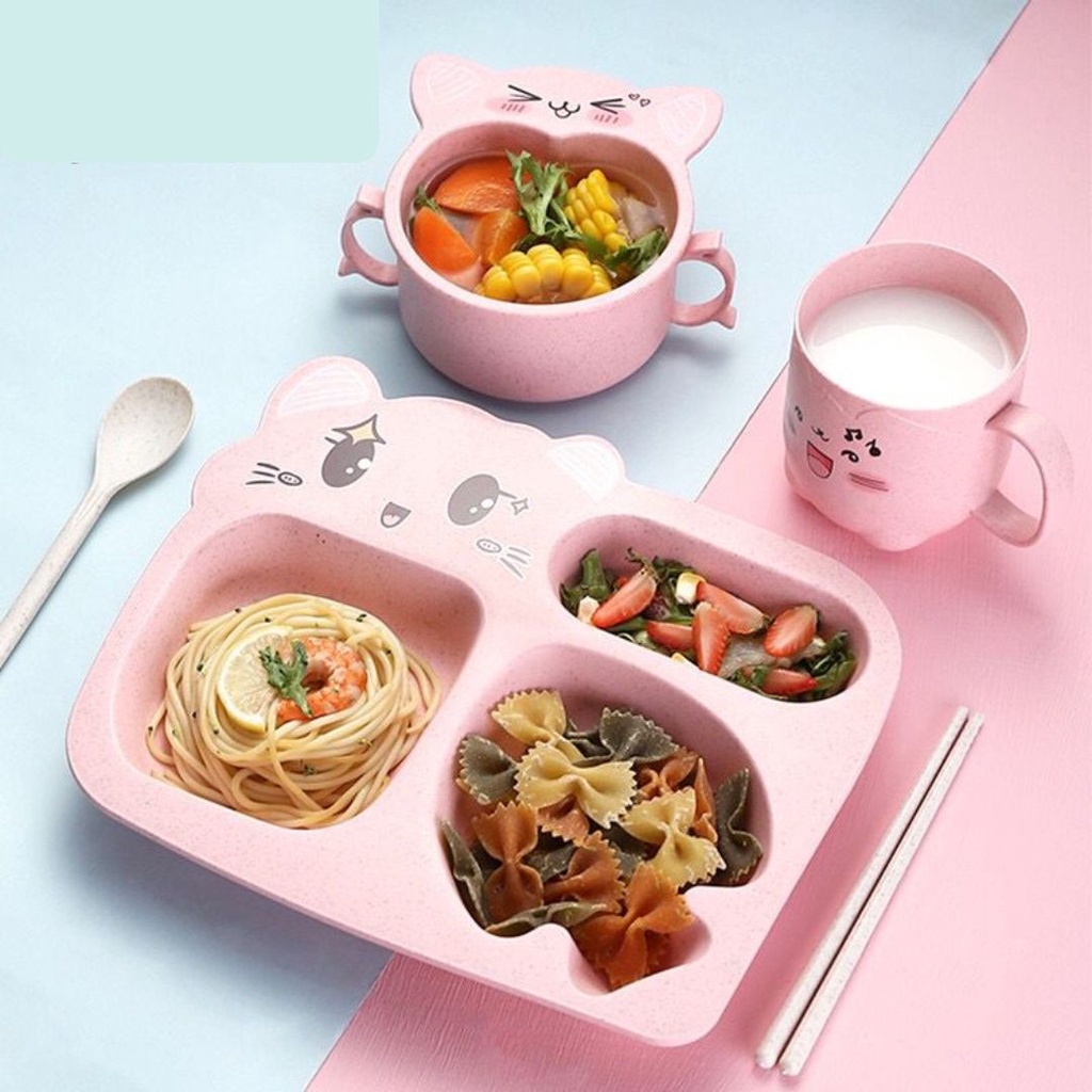 Peralatan makan anak set piring gelas mangkok garpu sendok / tempat makan multifungsi piring set ana