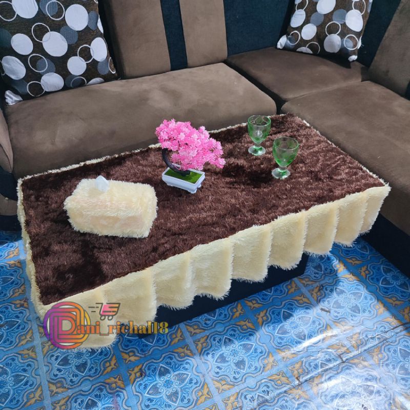 Taplak meja Ruang tamu / Taplak meja rumbai kombinasi ruang tamu / Taplak meja kaca rusng tamu bulu