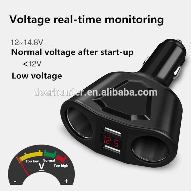 Car Charger Voltage Monitor 2 Port 3.1A with 2 Cigarette Socket 120W-Hitam