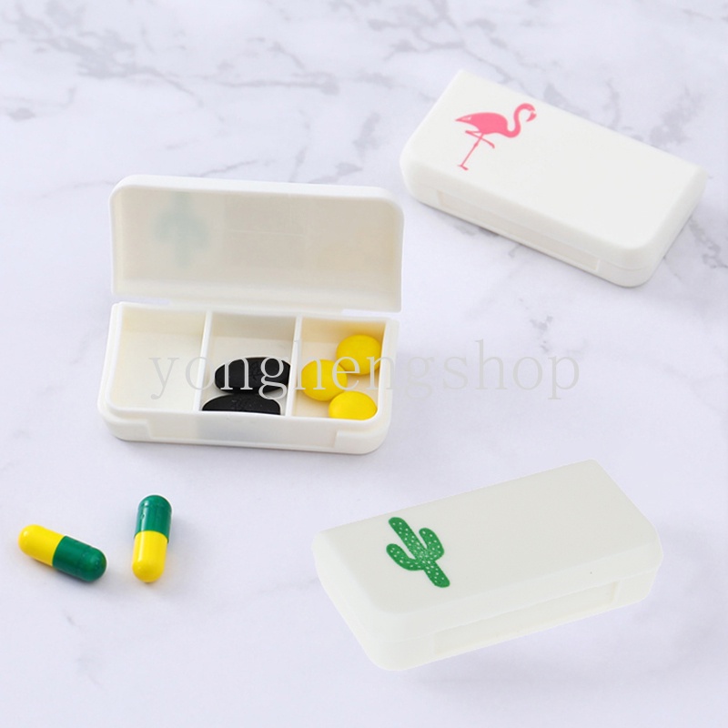 Kotak Organizer Obat Mini 3 Sekat Motif Flamingo / Kaktus Untuk Travel