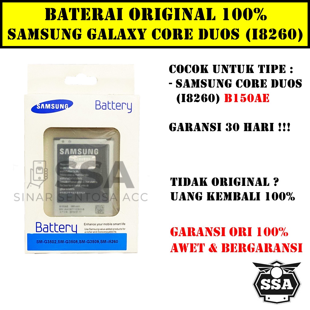 Baterai Original 100% Samsung Galaxy Core Duos i8260 i8262 G3502 B150AE Batrai Batu Batre Batrei Battery ORI HP