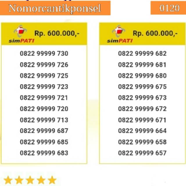 Nomor cantik simpati 0822 seri panca 99999 rapi #0120