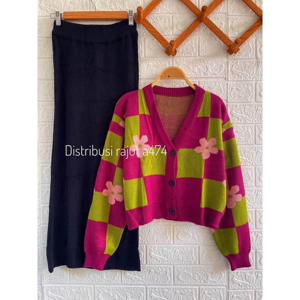 ONESET SETELAN ROK DAN KULOT CARDIGAN RAJUT RIRIN MOTIF BUNGA
