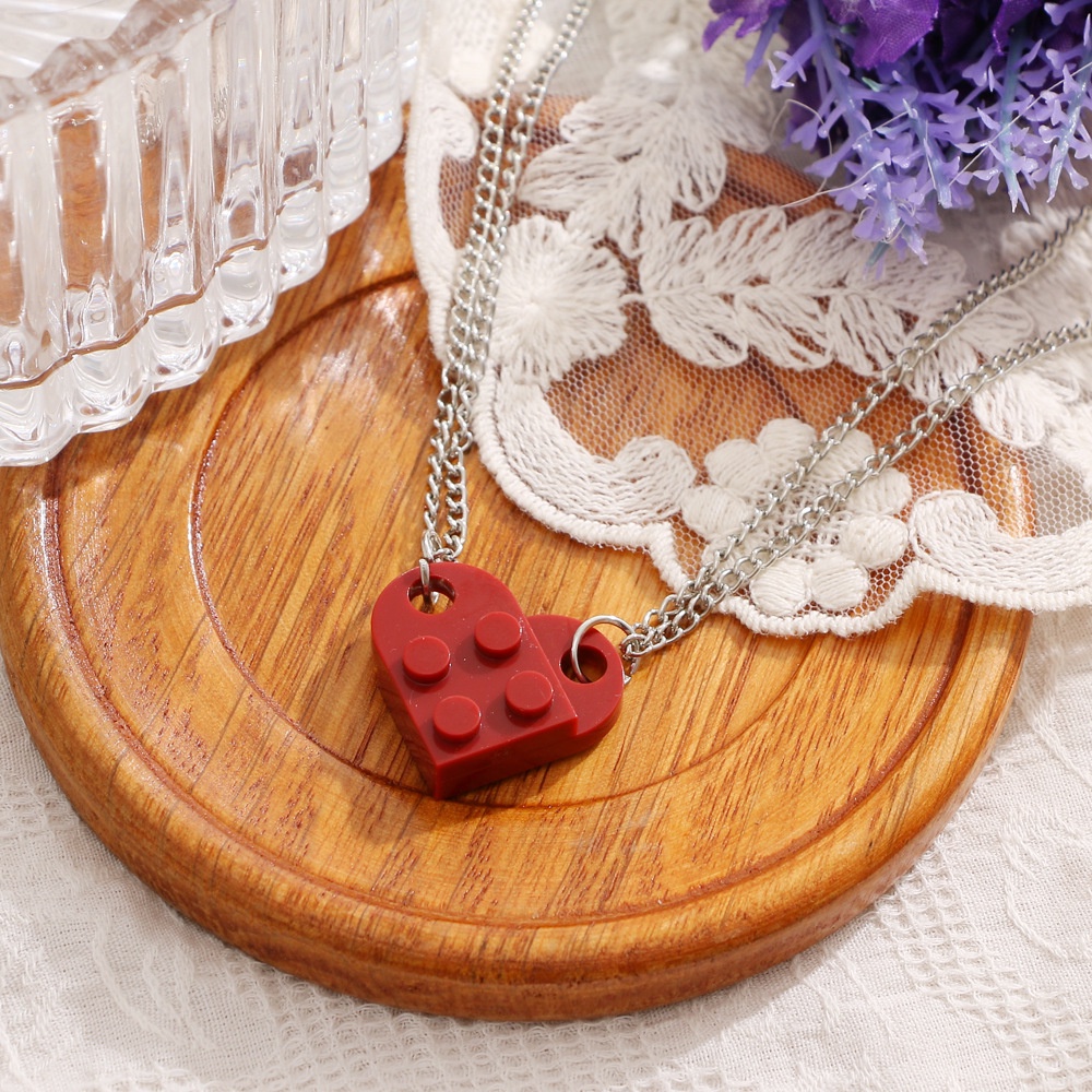 Unisex Heart Shaped Building Block Love Pendant Necklace Stitching Split Necklace Couple Necklace