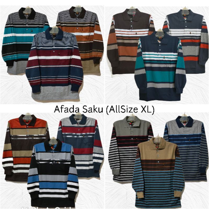 Kaos Kerah Pria Dewasa Motif Salur Afada lengan panjang karet allsize XL