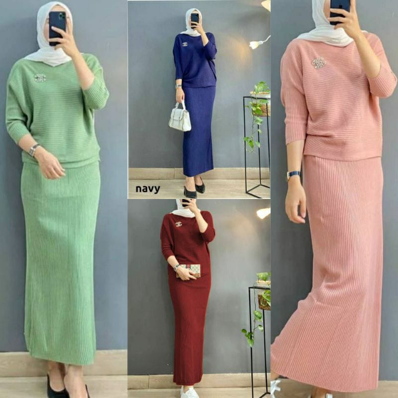 Stelan blouse rajut batwing+Rok rajut / one set baju rajut terbaru