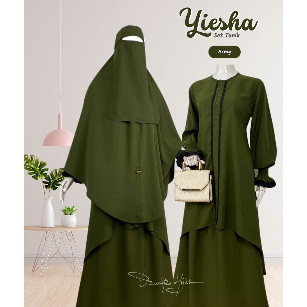 YIESHA SET TUNIK (Tunik + Rok + Jilbab Free Cadar Bandana) by DAMAIRA klambieakhwat BISA COD | bahan Wollpeach wolfis grade A busui friendly manset tangan smoke layer renda rajut khimar nonpad