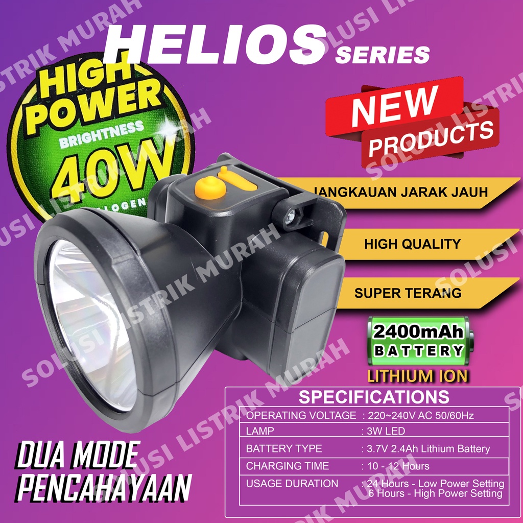 Meval HELIOS Senter Kepala Lithium Sorot Jarak Jauh 65 Watt 40 Watt HEAD LAMP - Putih