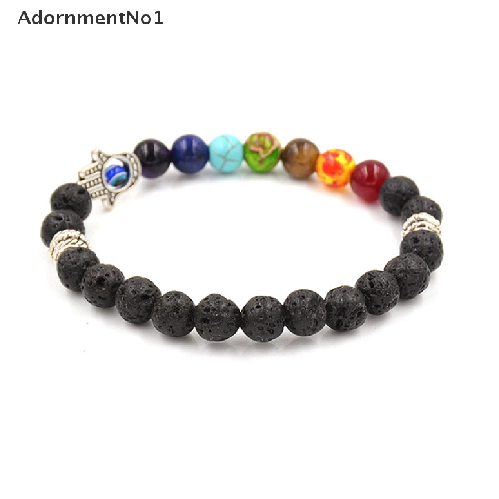 (AdornmentNo1) Gelang Tangan Batu Lava Aksen Tangan Hamsa + Kristal + Chakra Untuk Penyembuhan Reiki