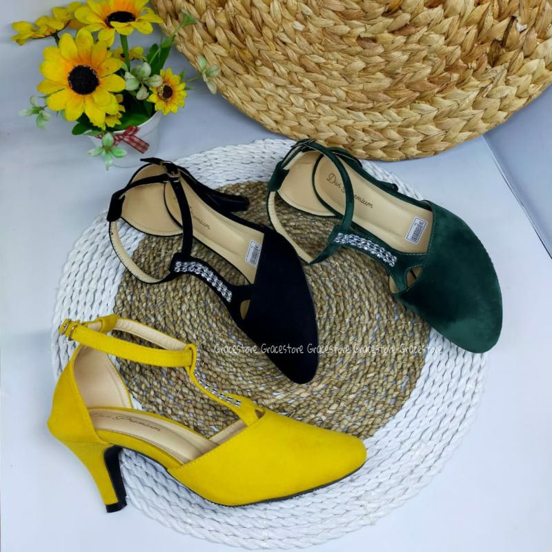 Heels wanita warna hijau warna hitam - sandal wanita korea - heels wanita hak lancip Pd334-2