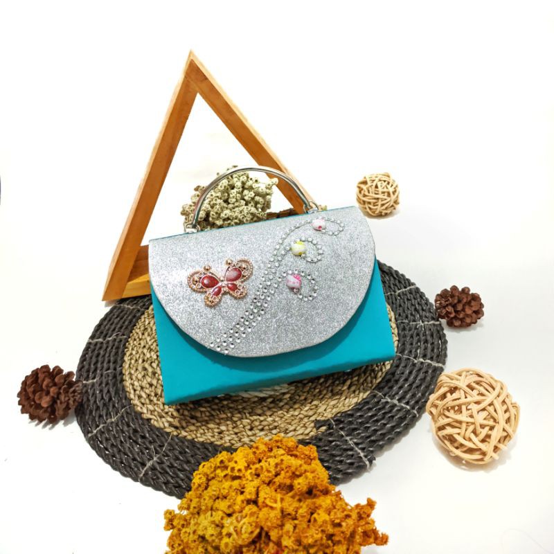 Tas pesta AQILAtas tangan ukuran 18×7×13cm  warna dark blue tosca violet blue gold silver dll