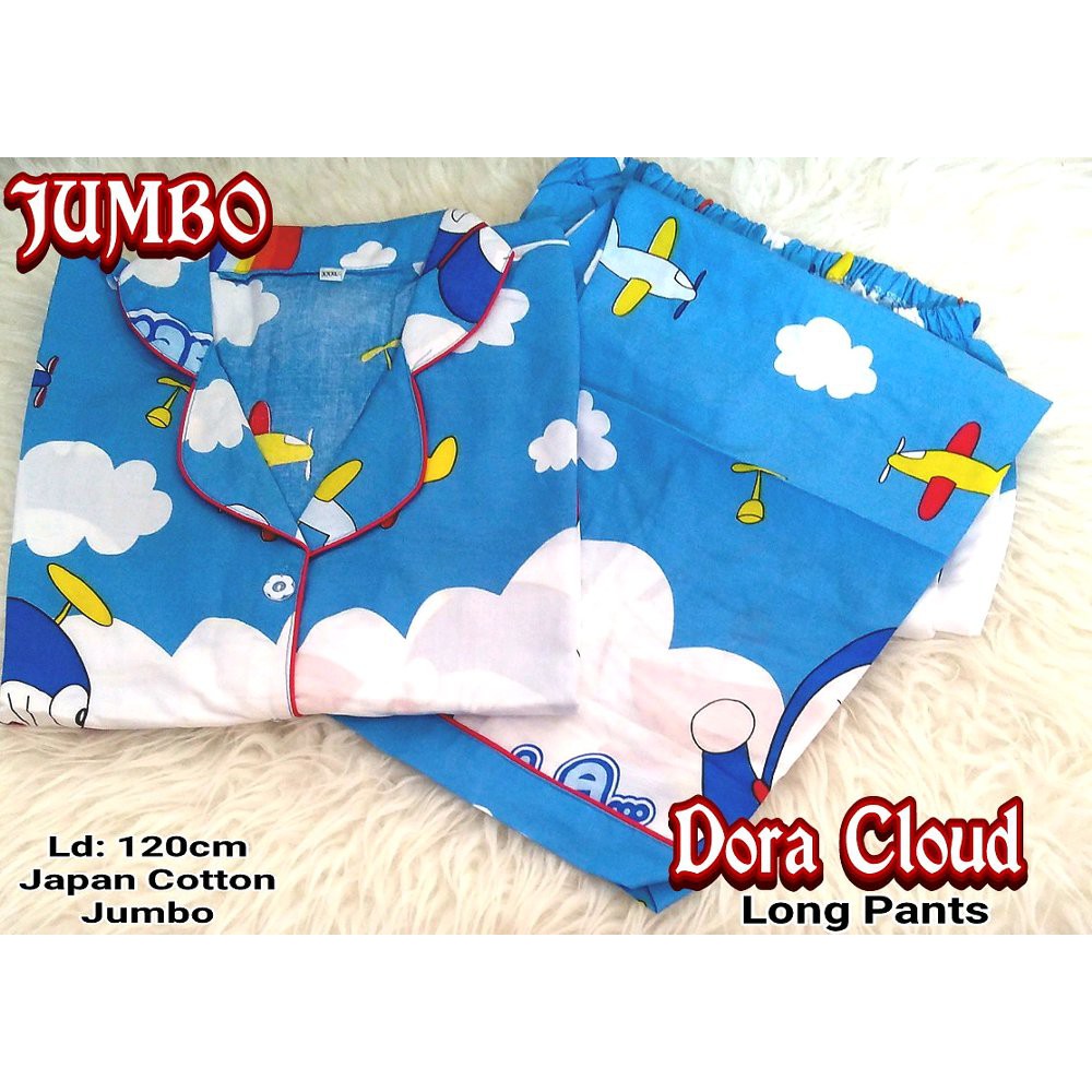 Piyama Dewasa Baju Tidur Wanita Celana Panjang Lengan Pendek Jumbo Big Size Katun Jepang Doraemon C