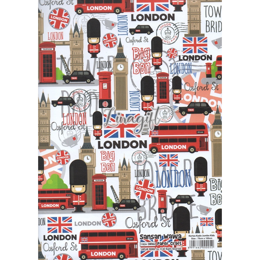 ( 5 Lembar ) JUMBO PARIS - KERTAS KADO - GIFT WRAP PAPER SANSAN WAWA / SANWA LONDON LOVE VINTAGE CLASSIC EIFFEL TOWER / BIG BEN / MENARA EIFEL