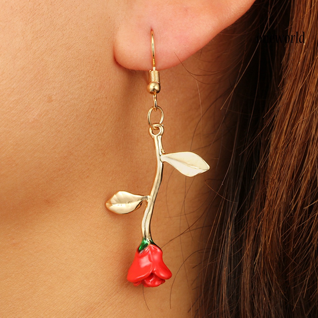 OW# Vintage Rose Flower Leaf Dangle Hook Earrings Leaf Ear Stud  for Women Girl