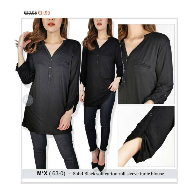 max big size solid black soft cotton roll sleeve tunic blouse