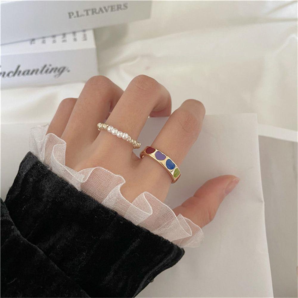 Mxbeauty Enamel Jari Cincin Temperamen Vintage Bunga Cinta Hati Bulan Mutiara Perhiasan Fashion