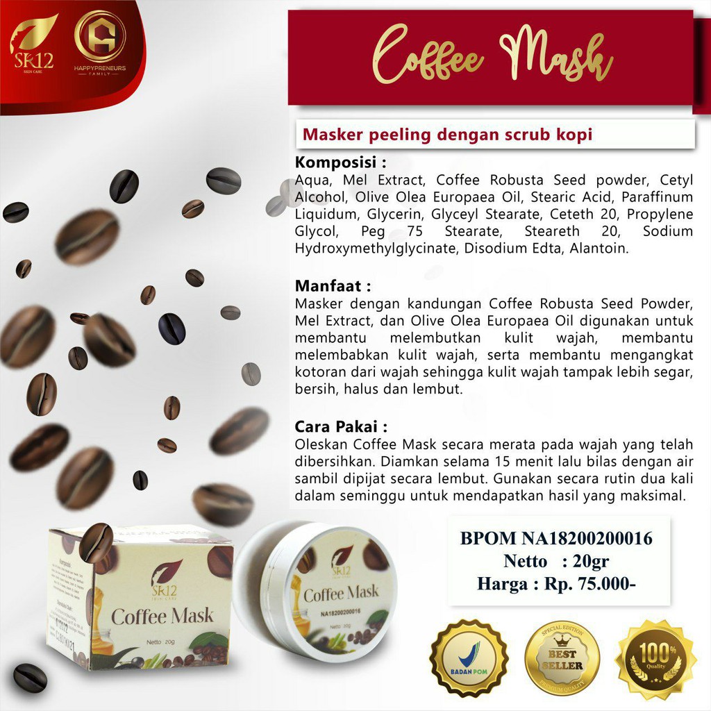COFFEE MASK / MASKER KOPI SR12/MASKER ANTI KOMEDO/MASKER WAJAH /SCRUB WAJAH KOPI