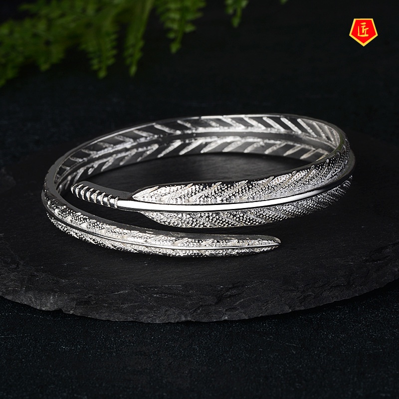 [Ready Stock]Women's Fashion Vintage Silver Feather Bracelet