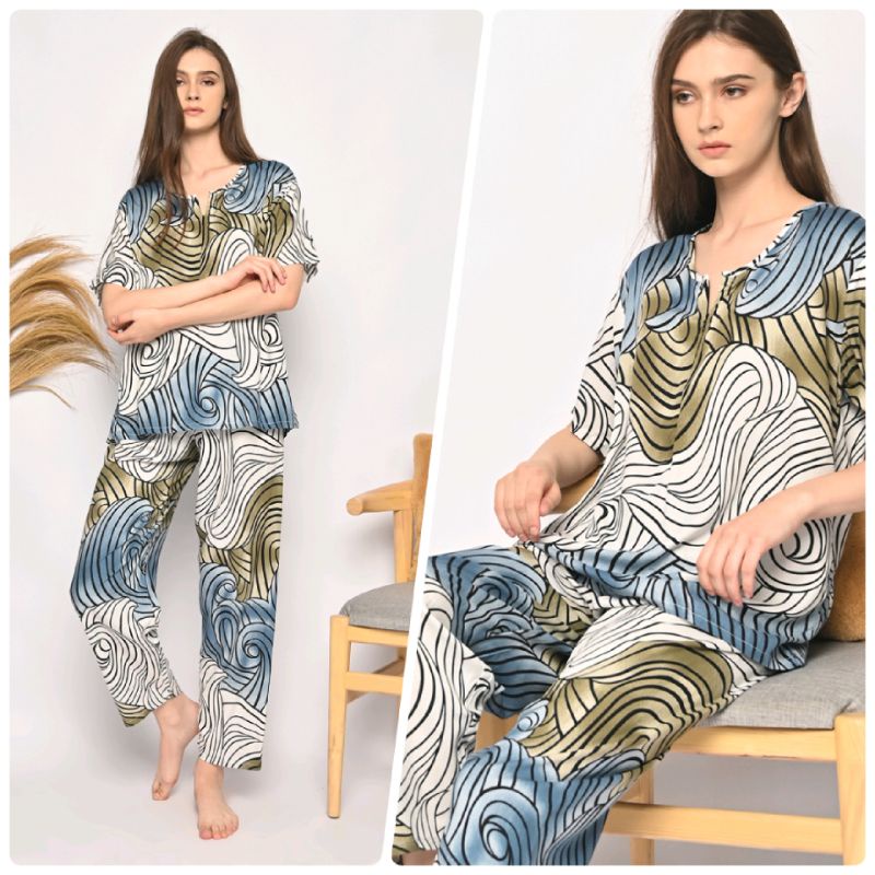 ONE SET PIYAMA RAYON-CPJ SLTG ABSTRK BIRU