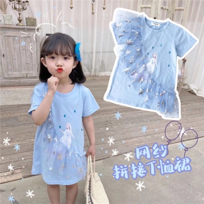 [PRINCESS KESLI] SIZE(90-140)Dress Anak Perempuan Elsa Lengan Pendek T-Shirt Dress/1-9 Tahun Baju Kaos anak cewek