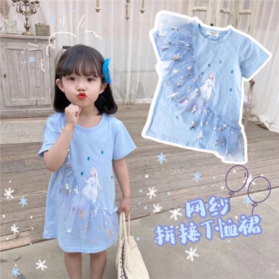 [PRINCESS KESLI] SIZE(90-140)Dress Anak Perempuan Elsa Lengan Pendek T-Shirt Dress/1-9 Tahun Baju Kaos anak cewek