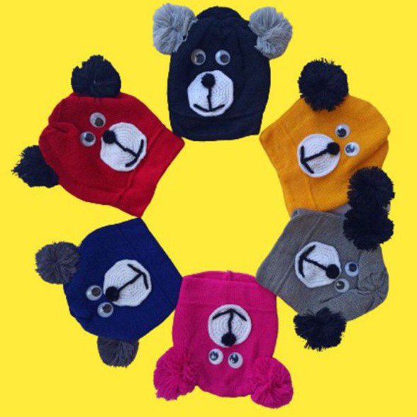 TOPI BEANIE POMPOM BEAR RAJUT BAYI