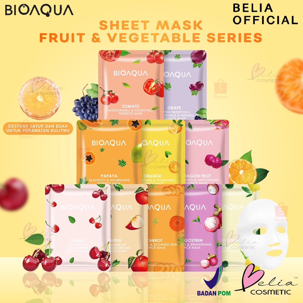 ❤ BELIA ❤ BIOAQUA Masker Sheet Mask Vegetables and Fruits Series | Natural Plant Essence | Masker Wajah | Hydrating | Brightening | BPOM
