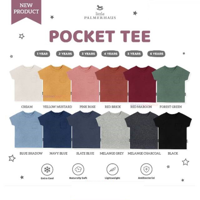 Baju Bayi Kaos Oblong Atasan Anak Palmerhaus Pocket Tee Mix Warna 1-3 Tahun