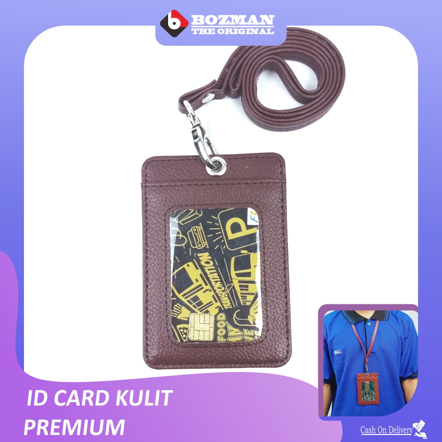 ID Card Holder Kulit Lanyard PU Leather Gantungan Kartu Nama Premium Termurah