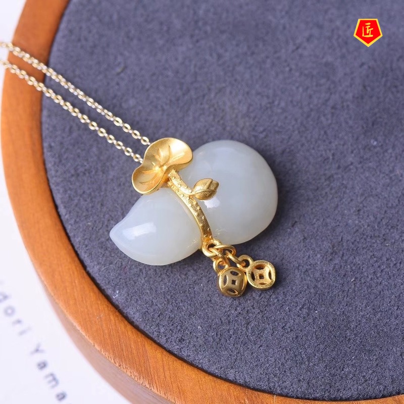 [Ready Stock]Hetian Jade Gourd Pendant Retro Gold Inlaid with Jade Chinese Style