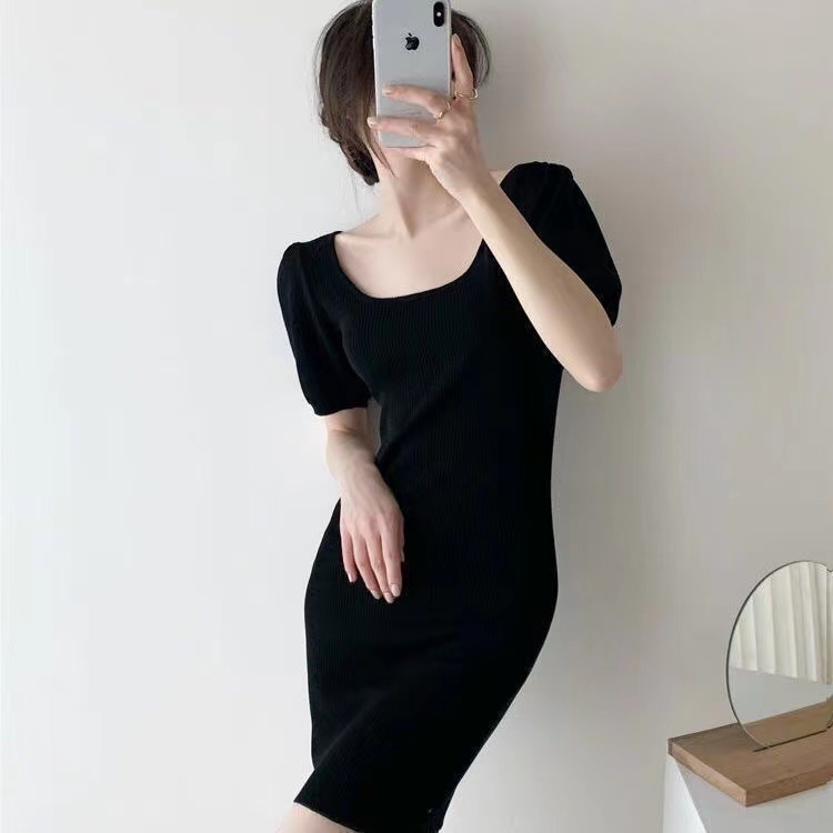 【Elegant】Korean Vintage Square Neck Solid Color Mini Dress 7475