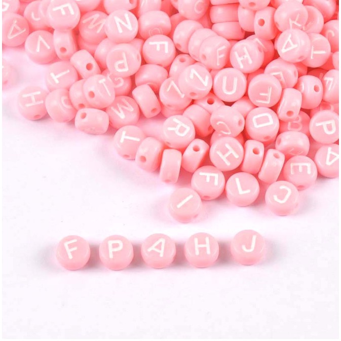 100 Pcs Manik-Manik Bulat Motif Huruf Alfabet Bahan Akrilik Warna pink Ukuran 7mm Untuk Membuat Perhiasan