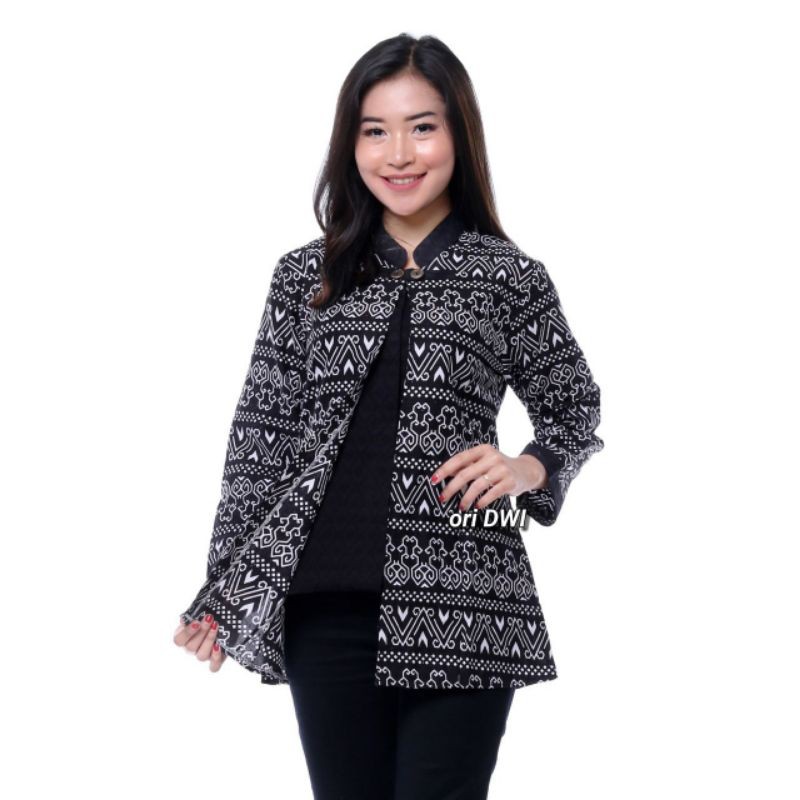 Atasan batik wanita cewek kerja kantor lengan panjang kancing depan hitam putih monokrom M L XL