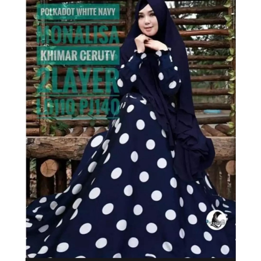 LANGSUNG KIRIM Gamis motif polkadot monalisa kerudung ceruty babydoll dua layer panjang / gamis terbaru polkadot