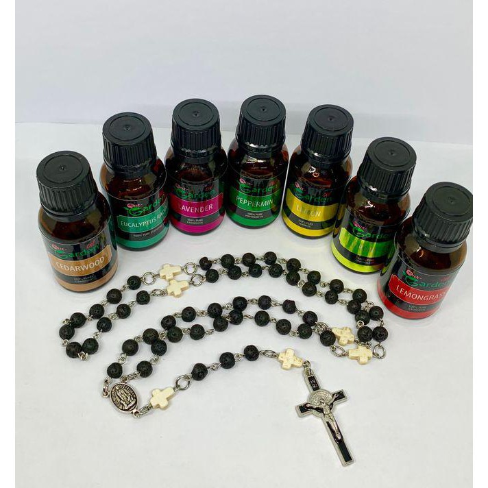 Fuca Paket Kalung Rosario Batu Lava 6Mm Salib Putih White Marble + Oil L1Et