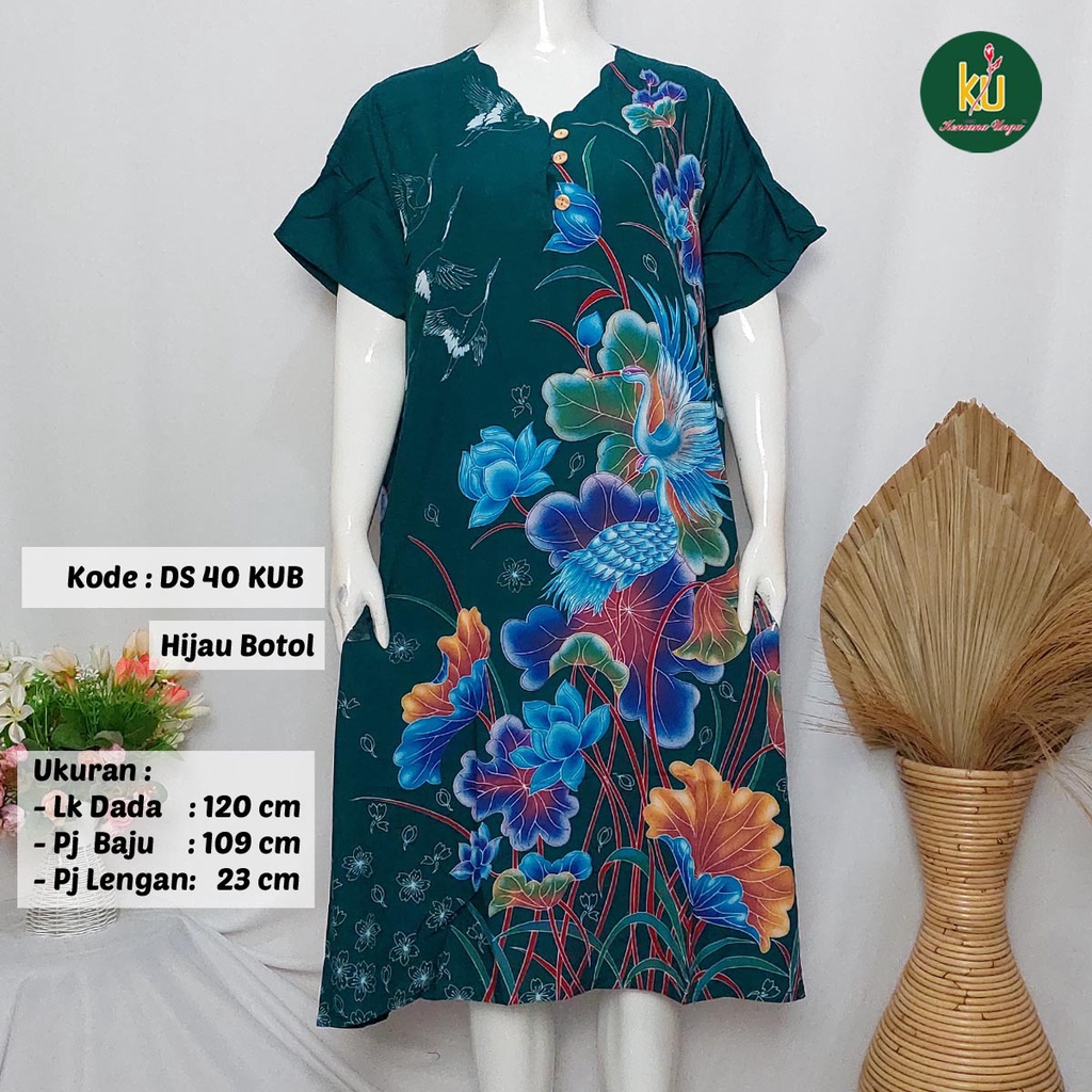COD DS40 KUB | Daster Batik Kencana Ungu Asli Label Biru Ukuran Jumbo | Baju Santai Tidur Wanita Dewasa Kancing Depan Busui Friendly Motif Terbaru-Hijau Botol E