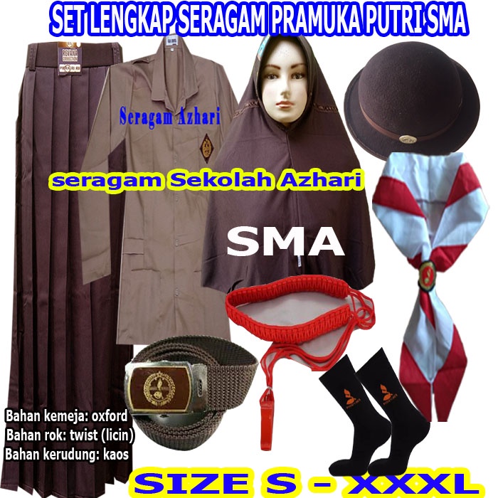 Set Lengkap Seragam Pramuka SMA Perempuan Rok Rempel+Jilbab Coklat SMA+Topi Boni+Hasduk Pramuka 150 