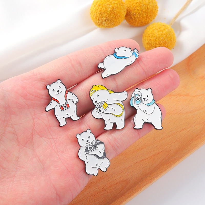 Cartoon White Bear Photo Enamel Lapel Pin Cute Bear Photo Animal Badge Brooch Backpack Jewelry Collection Gifts for Friends