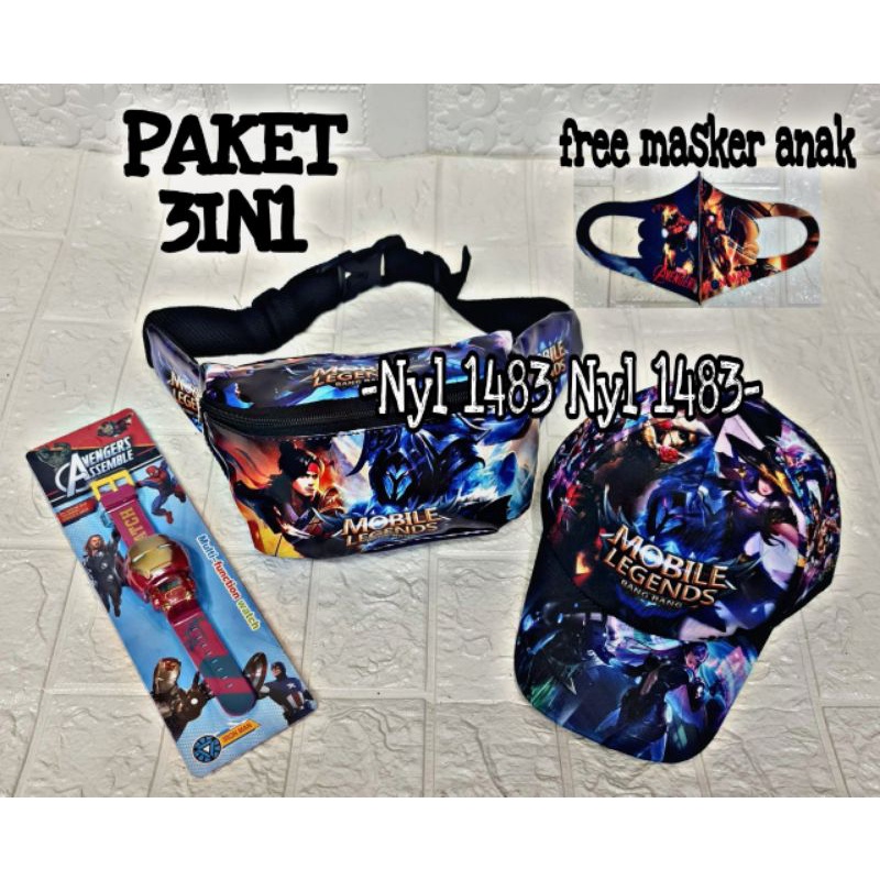 PAKET MURAH 3IN1 TAS SELEMPANG WAISTBAG ANAK KARAKTER KARTUN FREE JAM DAN TOPI ANAK ( REAL PICT)