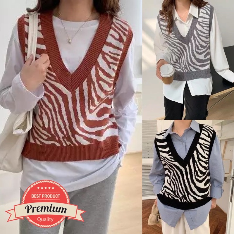 Vest import rompi rajut wanita oversized jumbo zebra hangat knitted rajut korea