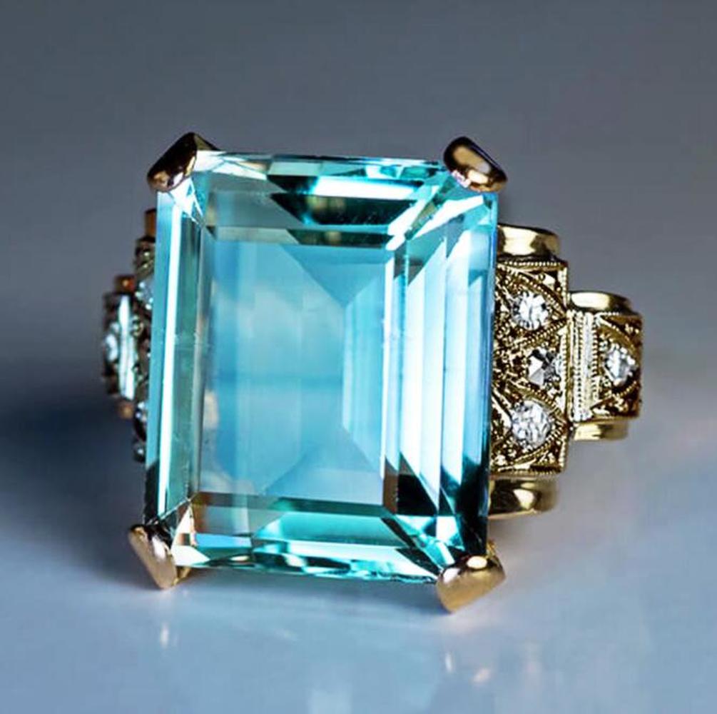 Cincin Emas Safir Aquamarine Mewah Pria Wanita Fashion Berlian Kristal Biru Muda Pertunangan Rings