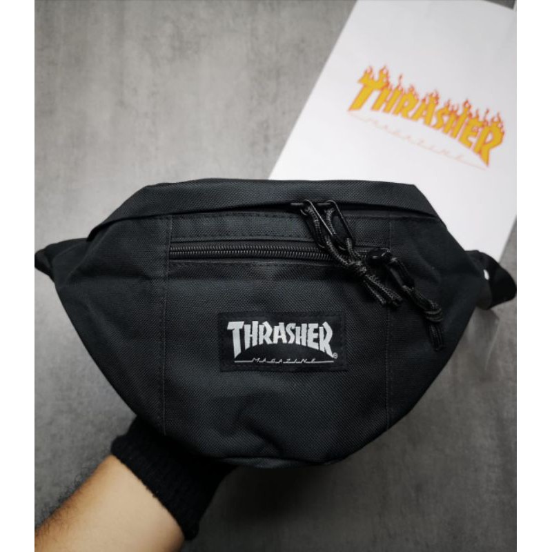 Waistbag Thrasher Flame Logo Waist Bag Black With paperbag tas pinggang pria dan wanita bonus paperbag