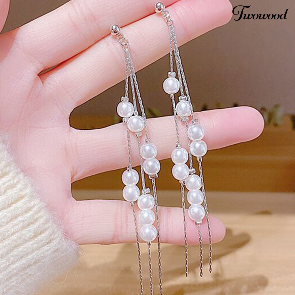 Twowood 1 Pair Dangle Earrings Elegant Long Tassels Alloy Sparkling Rhinestone Faux Pearl Earrings for Women