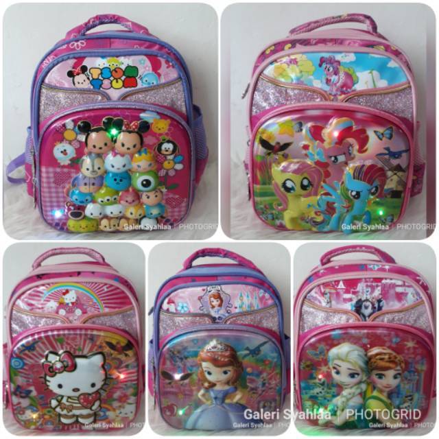 Tas Ransel Lampu TK Import Tsumtsum frozen sofia Little Pony Hello Kitty