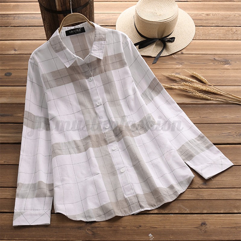 Kemeja wanita Lengan Panjang Motif Kotak-kotak dengan Kancing,kemeja katun wanita motif kotak kotak