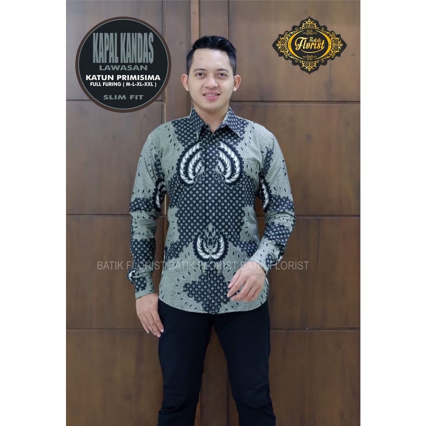 baju batik pria lengan panjang SLIMFIT S M L XL XXL BAJU PREMIUM KEKINIAN BATIK SOLO MURAH ABU GREY