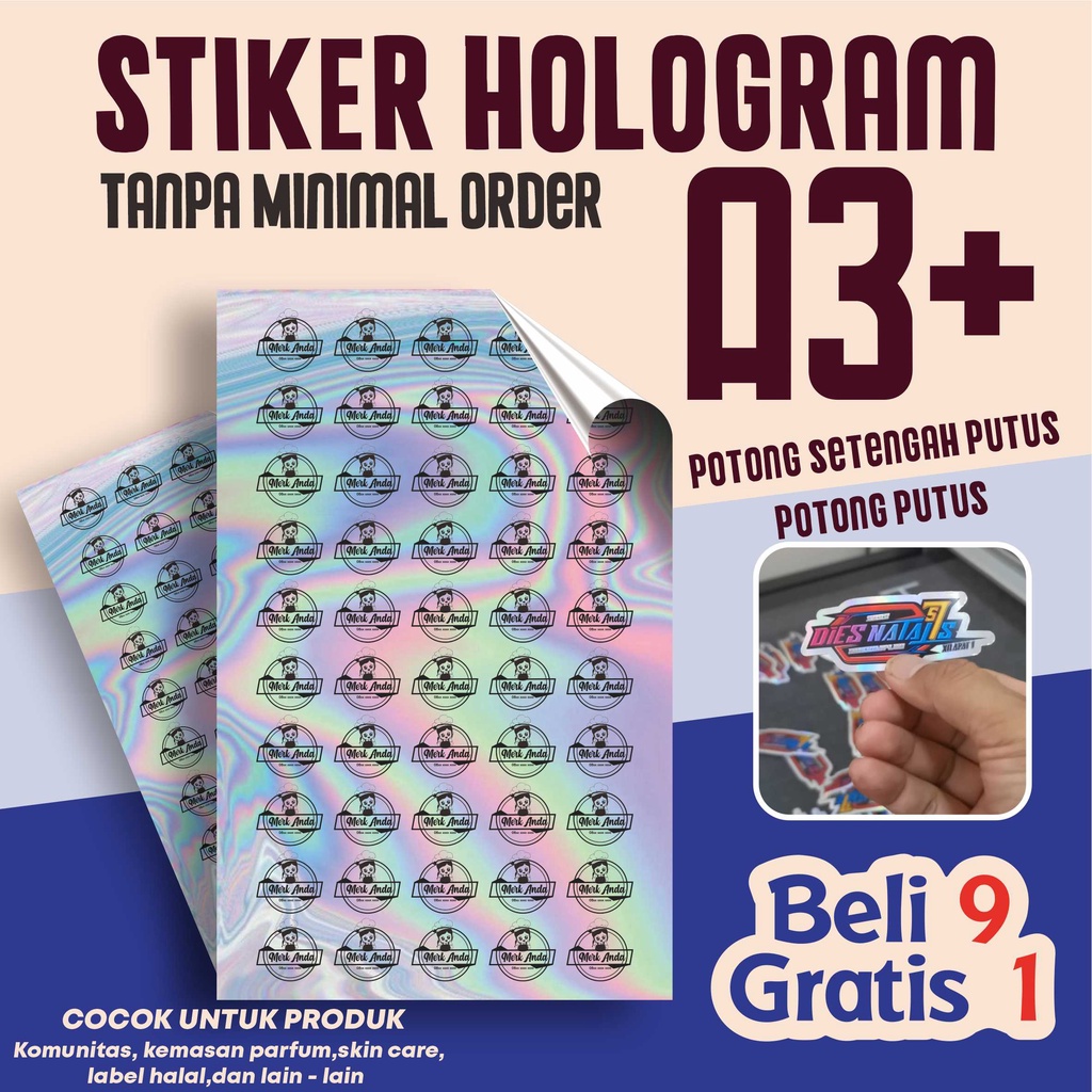 

Stiker Hologram A3+ Print Cut Label Kemasan Produk Skincare Makanan Minuman TERMURAH