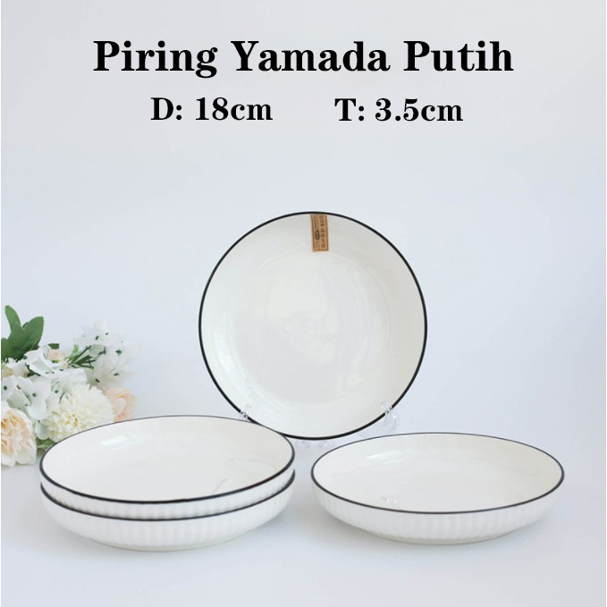 Piring Keramik Jepang Seri Yamada Putih Classic Lukisan Tangan Ukuran 18cm/20cm