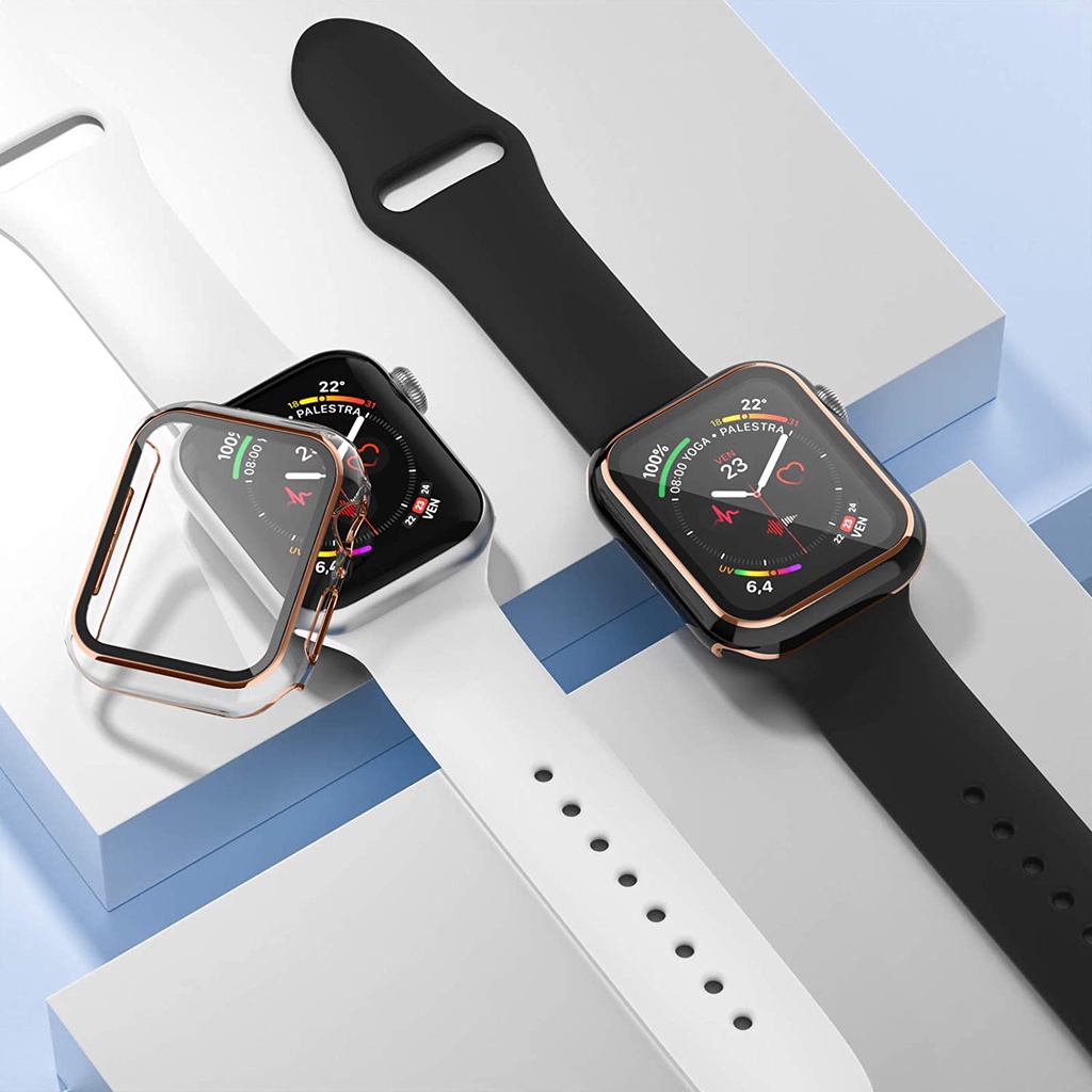 Cakupan penuh kasus PC keras dengan pelindung layar kaca tempered kompatibel untuk Apple Watch 45mm 41mm 44mm 40mm 42mm 38mm Seri 8/7/SE/6/5/4/3/2/1